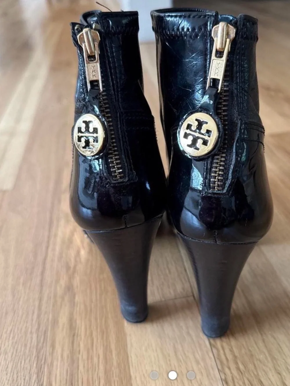 Tory Burch Black Patent Leather Ankle Booties with Gold Emblem
